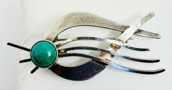 MID CENTURY MODERN STERLING SILVER MALACHITE FISH BROOCH - ISRAEL