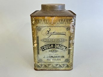 Antique J. Benjamin Horehound Cough Drop Tin 1884 Dated