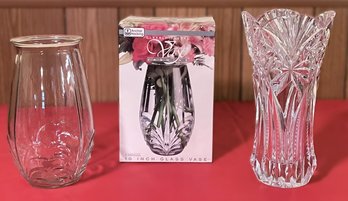 Gorgeous Heavy Cut 12' Crystal Vase & Anchor Hocking 10' Jasmine Glass Vase