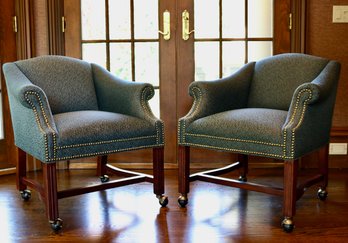 Set Of 2 Brown And Blue Upholstered Nailhead Club Chairs With Casters