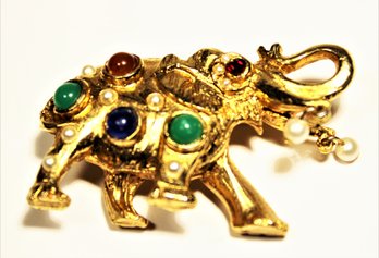 Gold Tone Bejeweled Elephant Costume Brooch