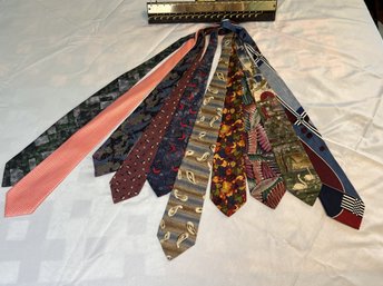 Ten Assorted Ties With Brass Tie Hanger