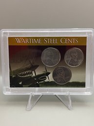 3 Beautiful Wartime Steel Pennies In Plastic Case