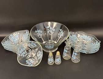 A Collection Of Mid-Century Glassware, Blue Floral Motif