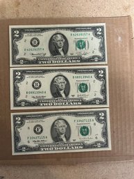 Lot Of 3 Crisp $2.00 Bills Green Seal