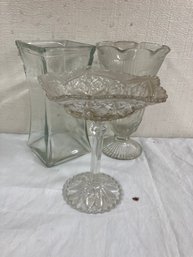 3 Clear Glass Vessels 2 Vases And An One Candy Dish