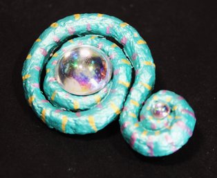 Artisan Painted Curly Q Brooch Having Glass Stones