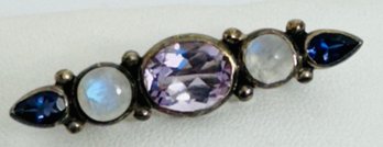 BEAUTIFUL JC STERLING SILVER AMETHYST AND WHITE STONE FANCY BROOCH