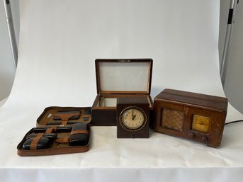 Vintage Mens Toiletry Set, Vintage GE Clock, Humidor, And Radio