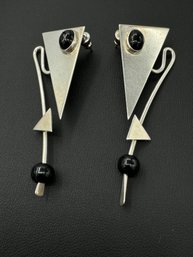 Modernistic Design Sterling Silver & Black Onyx Earrings