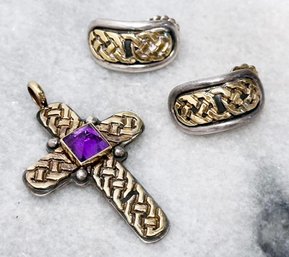 An Amethyst Stoned And 18K Gold Crucifix And Earrings In Sterling Silver Settings