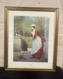 The Beautiful Wood Framed Print 'The Love Birds' By Joseph Caraud - Cleaning Woman Observes Doves   BS/WA-C