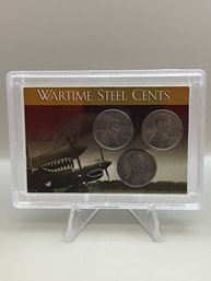 3 Beautiful Wartime Steel Pennies In Plastic Case