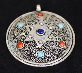 Vintage Silver Pendant Having Turquoise And Coral Asian