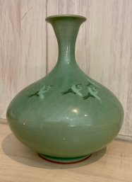 Antique Celadon Glaze Green Porcelain Vase With Cranes Signed