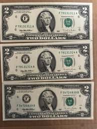 Lot Of 3 $2.00 Bills Green Seal