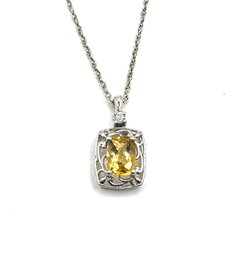 Vintage Sterling Silver Amber Color Stone Square Pendant Necklace