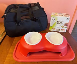 Weather Tech Pet Bowl, Small Pet Carrier & 15 Cans Purina Fancy Feast Cat Food