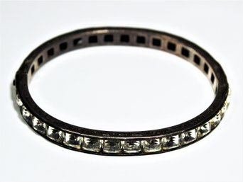 Vintage Art Deco Era Sterling Silver White Paste Rhinestone Hinged Bangle Bracelet