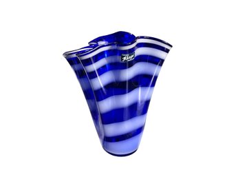 Cobalt Blue & White Handmade Wavy Art Glass Vase By Alicja Of Poland