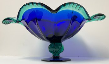 Vintage Murano Art Glass Centerpiece Fruit Bowl - Blue Green - Handmade Italy - 8.5 X 18 X 12 - Tag Attached