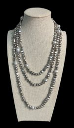 Very Long And Lovely Silver Colored Beaded Necklace