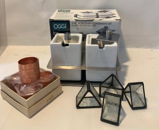 Oggi Porcelain Condiment Server NIB, Etched Glass And New Copper Napkin Rings