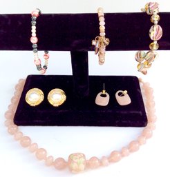 PINK COSTUME JEWELRY LOT: Vintage Necklace, Earrings, Assorted Bracelets
