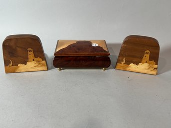 ITALIAN SATINWOOD MUSIC BOX AND INLAID BOOKENDS