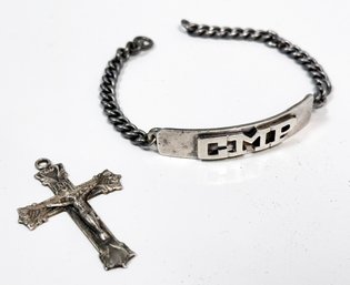 A Sterling Silver Crucifix And Bracelet With CMP Initials