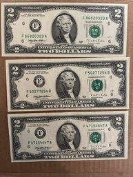 Lot Of 3 $2.00 Bills Green Seal