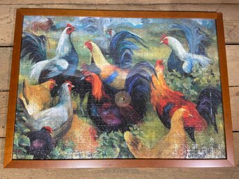 Colorful Framed Puzzle Of Chickens Hens And Rooster 29x21
