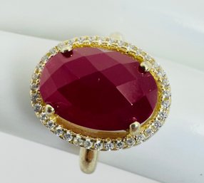 BEAUTIFUL FACETED RUBY GOLD OVER STERLING SILVER AND WHITE STONE RING