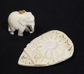 Lot Two Pieces Hand Carved Bone Jewelry Brooch And Pendant