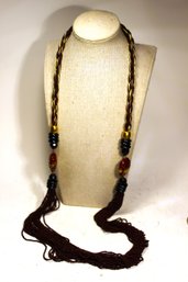 Very Fine Glass Beaded Necklace Crimson Color W Gold Tone