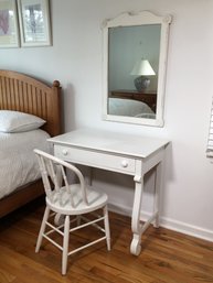 Lovely Cottage / Beach House Feel ! - All White And Lightly Distressed - Desk, Chair & Mirror - 3 For 1 Bid !