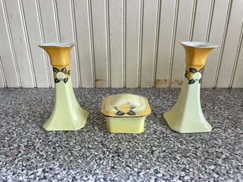 Vintage Porcelain Lemon Design Candleholder Pair & Trinket Box