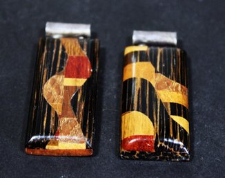 Pair Sterling Silver Wood Inlay Pendants Signed Artisan