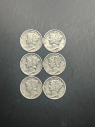 6 Mercury Dimes (2) 1941, 1941-D, 1941-S, 1944, 1945