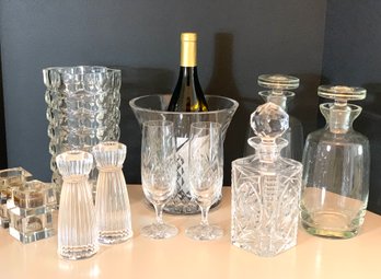 Crystal & Glass Decor Group / Includes Decanters, Ice Bucket, Vase & Candle Holders