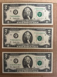 Lot Of 3 $2.00 Bills Green Seal