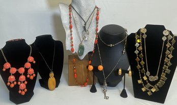 Eight Fun & Fashionable Necklaces, Two Sets Vintage Clip Earrings & One Bracelet- Large Green Quartz & Glass