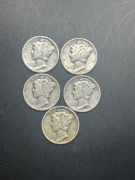 5 Mercury Dimes 1941, (2) 1944, 1944-S, 1945