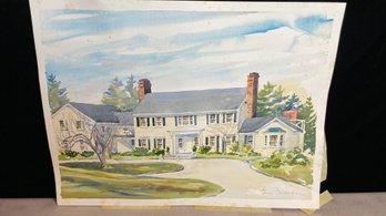 Signed Water Color Of A Large White House