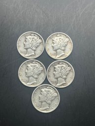 5 Mercury Dimes 1941, (2) 1944, 1944-S, 1945