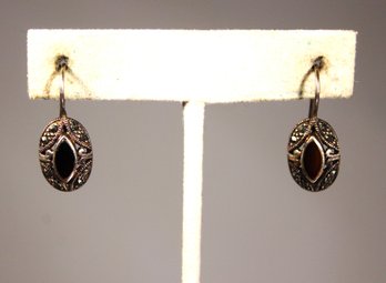 Pair Fine Sterling Silver Marcasite Black Onyx Pierced Earrings