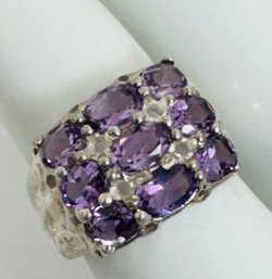 STERLING SILVER TRIPLE ROW OF OVAL AMETHYST RING