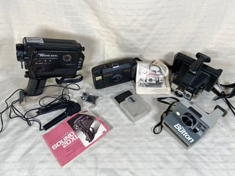 Collection Of Cameras: Yashica Sound 20XL, Polaroids Captiva SLR, Colorpack III, The Button