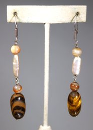 Pair Large Sterling Silver Pierced Earrings Tiger's Eye Genuine Pearls