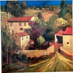 A Large Original Oil On Canvas - Unframed - Signed - Tuscan Hill Town